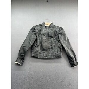 VINTAGE Foxmoor Jacket Womens 7 Black Leather Stand Collar Puff Sleeve Zip 80s